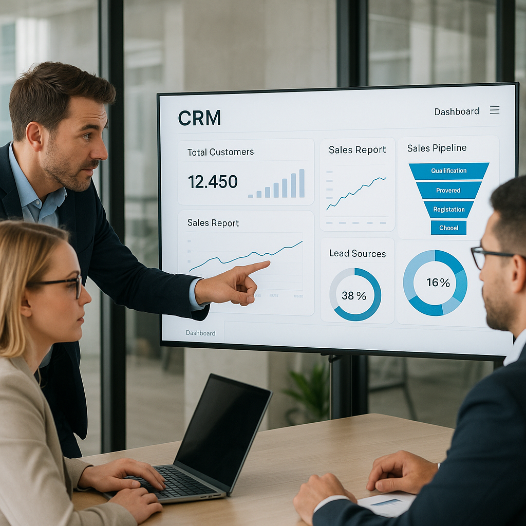 A professional team reviewing clean, organized CRM